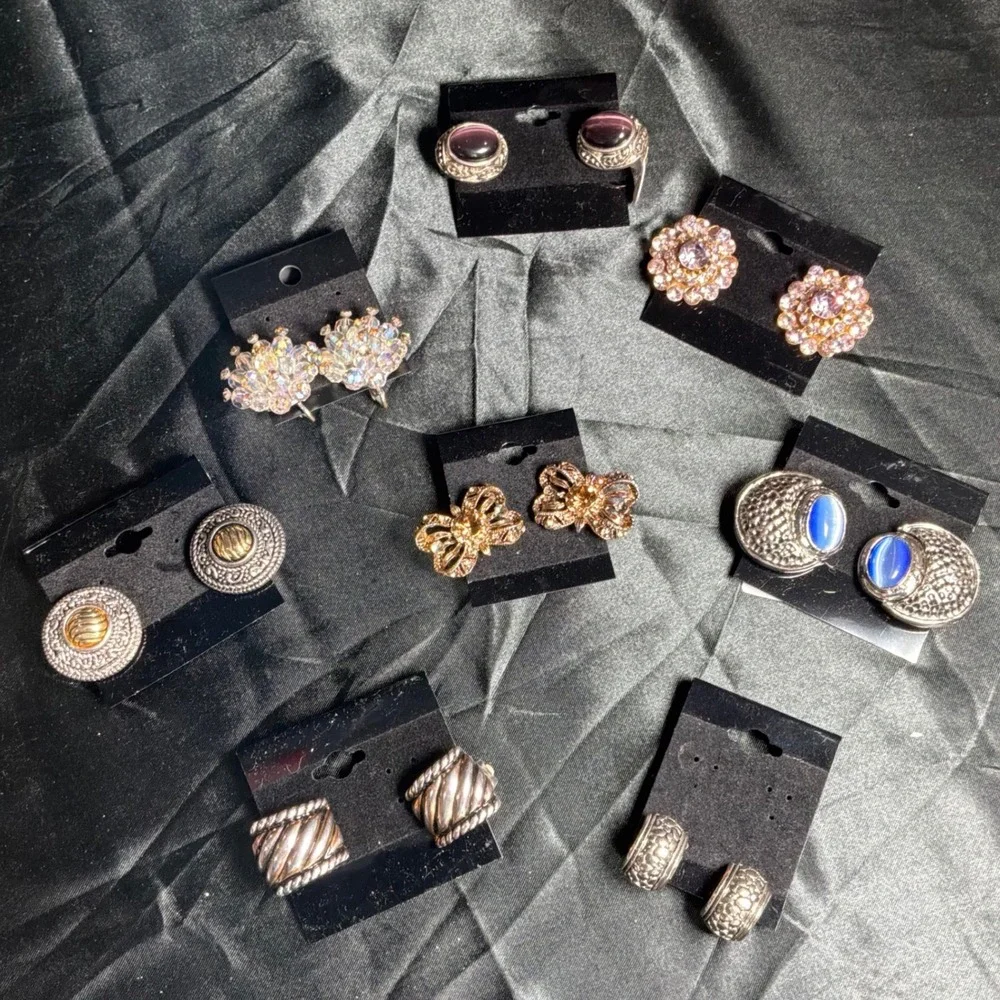 Lot of 8 Vintage Estate Lot Clip-On Earrings Rhinestone Statement Jewelry